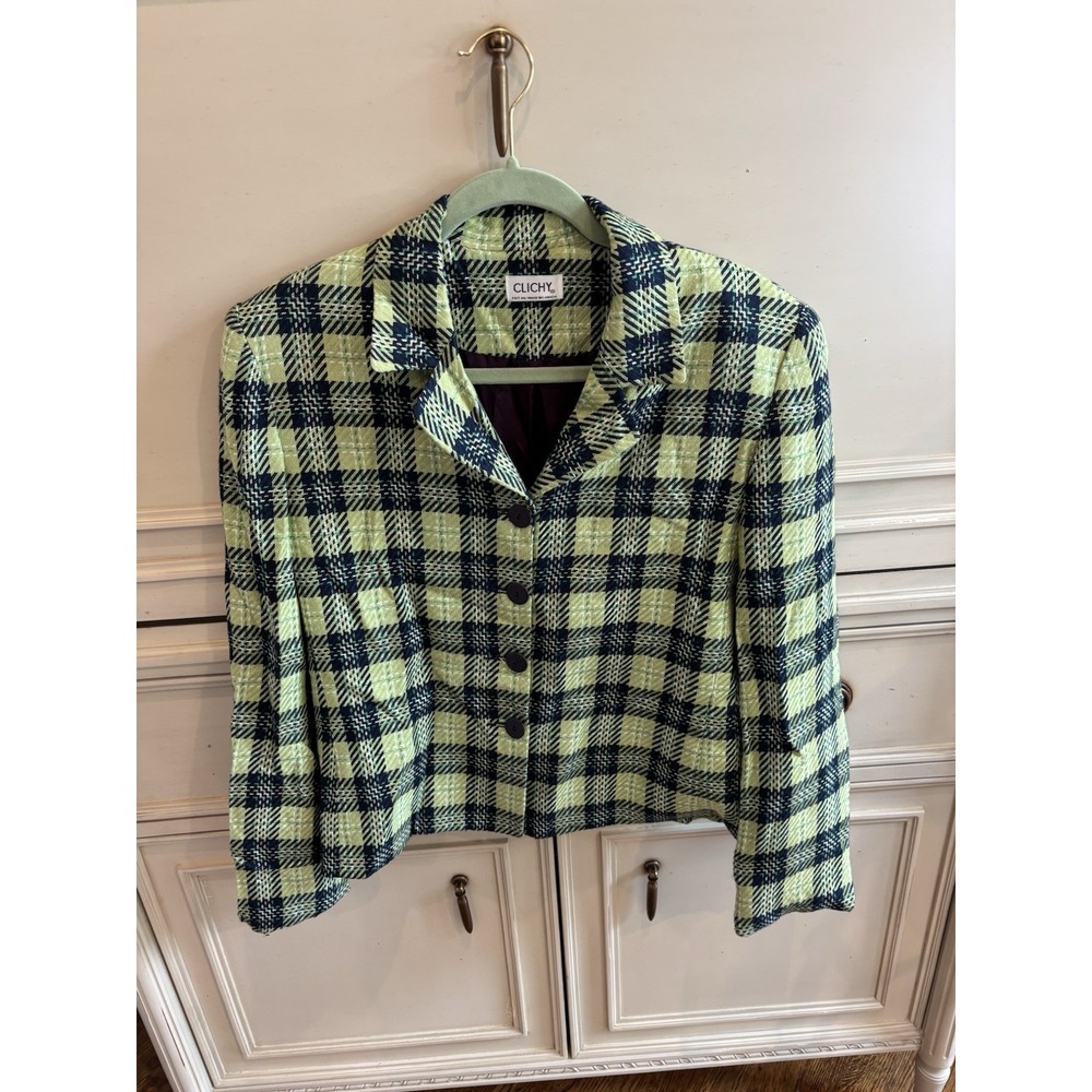 Vintage 90s Retro Clichy Green Plaid Button Up Blazer Size 8 Career Workwear‎